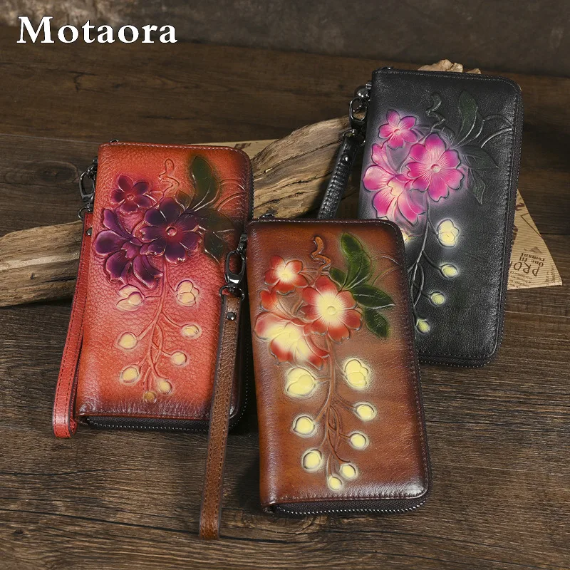 MOTAORA レディース ヴィンテージ レザー 長財布 ジッパー付き、花柄クラッチ財布、レディース用、RFIDカードホルダー レトロ リストレット ハンドバッグ