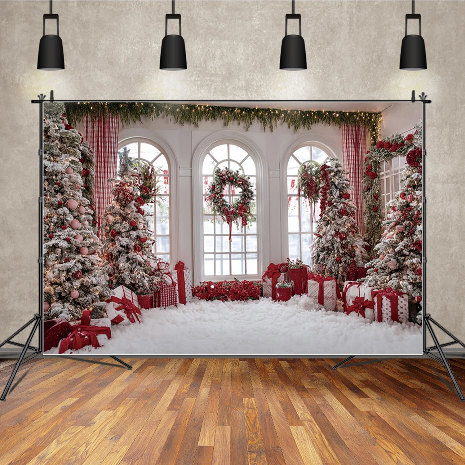 

MOON.QG Interior Room Window Photography Background Xmas Trees Gifts Christmas Backdrop Decoration Booth Wallpaper Studio Photo