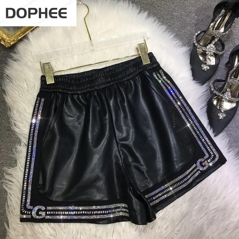 Trendy Hot Drilling Women Leather Shorts All-match Elastic High Waist Out Wearing Short Pants PU Leather Wide Leg Boot Pants