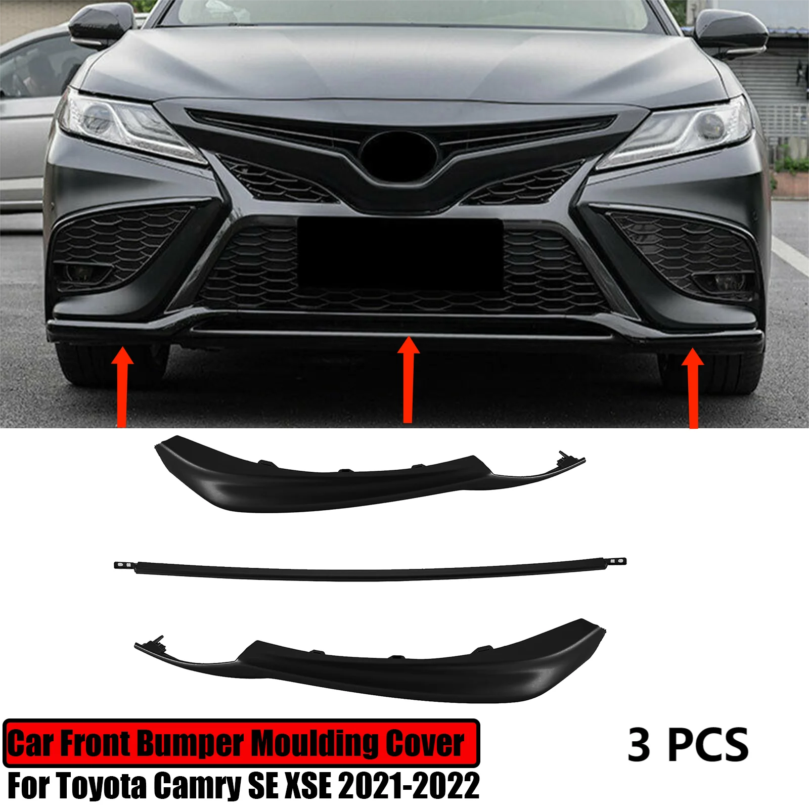 

For Toyota Camry SE XSE 2021-2022 Car Front Bumper Moulding Cover Lower Grille Trim Chrome Sliver Glossy Black 3PCS A Set