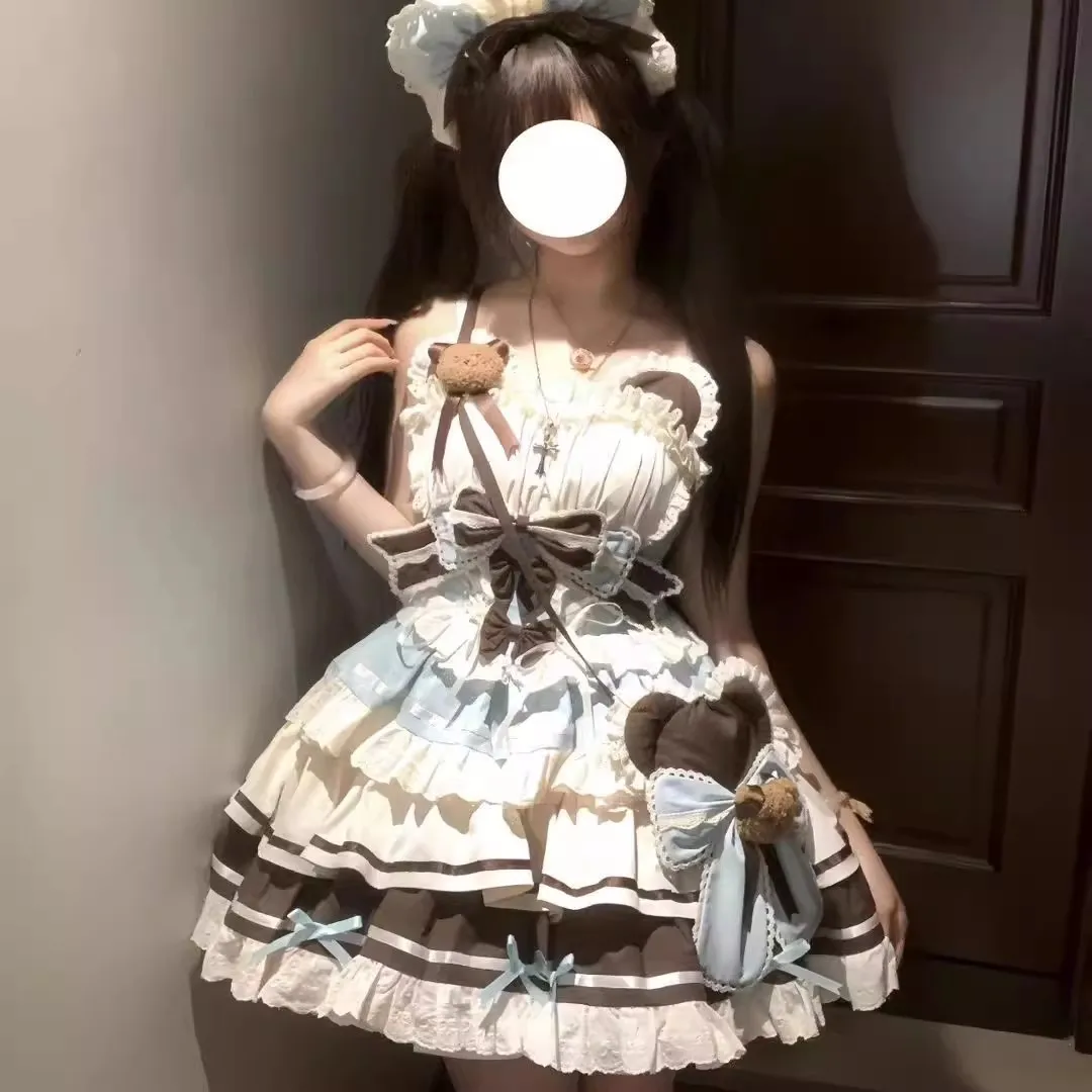 Lolita Style Sweet Bitterness Dress Thin  Powdered Bear Girl's First Love Dress Summer Daily Wear Sleeveless Gown