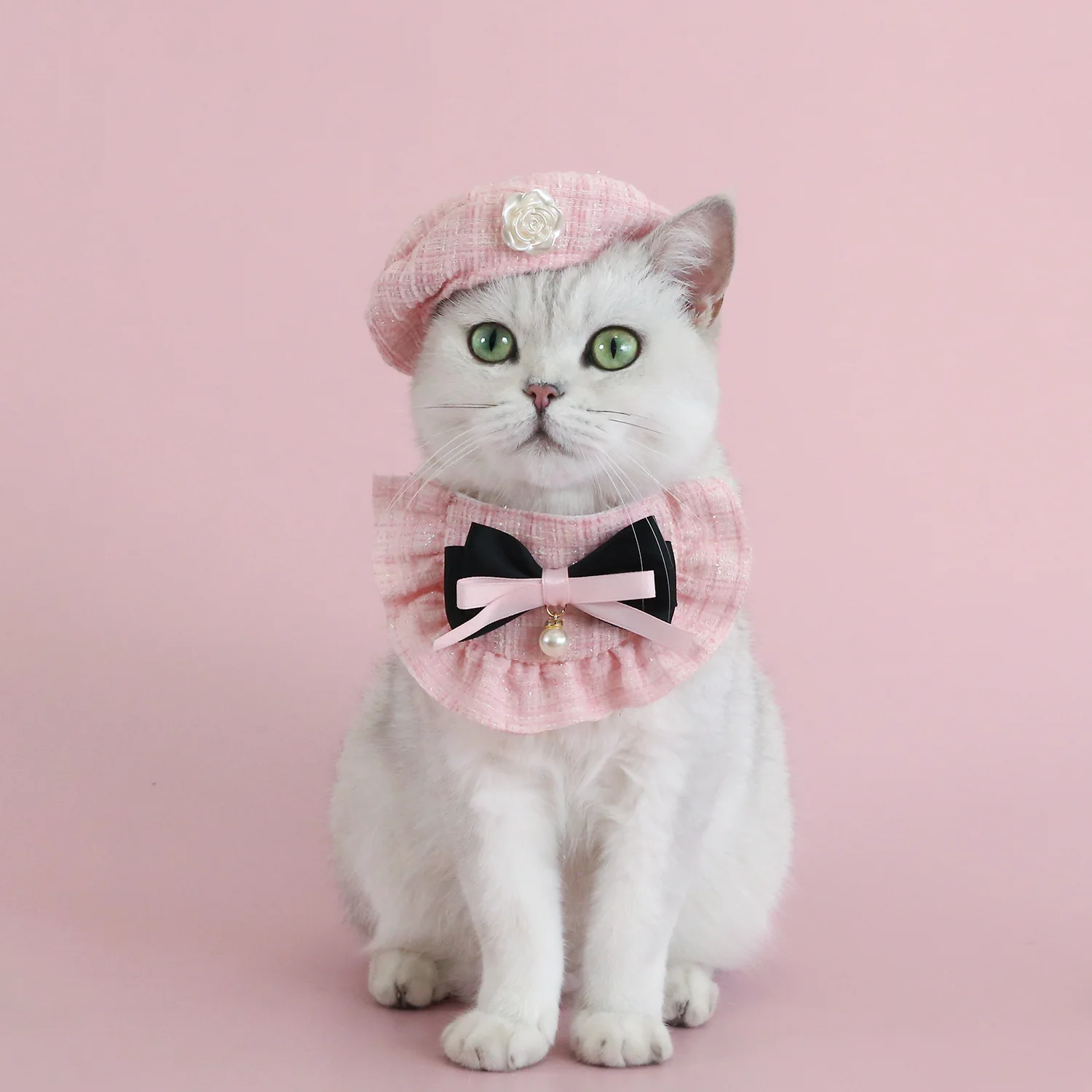 Haustier Katze Strickmütze Set Prinzessin duftende Baskenmütze Perle Schleife Blume Hund Hüte Paddel Set für Teddybär Welpen Katze Party Dress Up – Detail 15