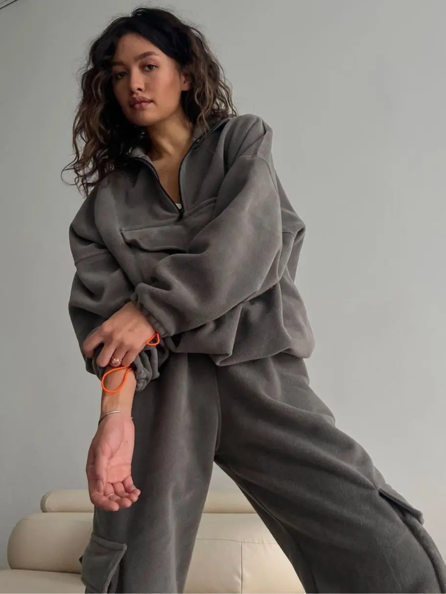 

Autumn New Zipper Half Open Collar Hoodie Set Loose Casual Pocket Splicing Pants Two Piece Set for Women