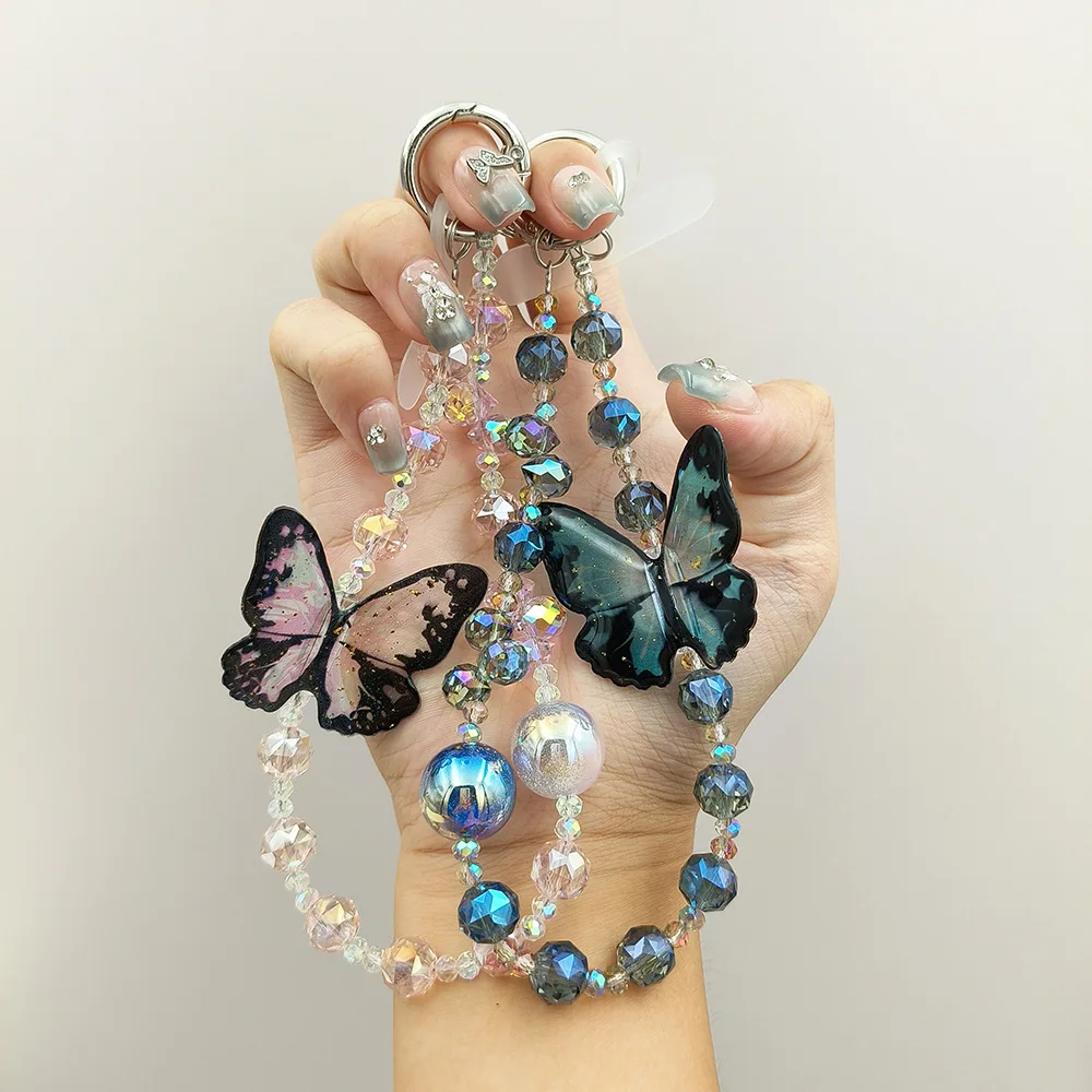 

High-End Crystal Phone Straps with 3D Butterfly Charms Sparkling Diamond Beads Lightweight Luxury Anti-Loss Keychain Fashion Cut