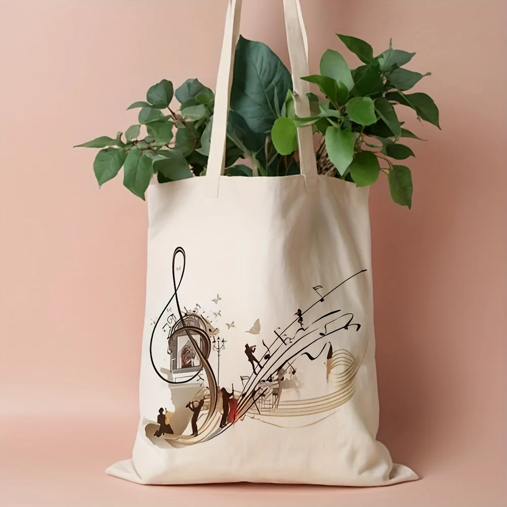 A Musical notation Pattern printed canvas tote bag, suitable for daily use, shopping, school, and travel