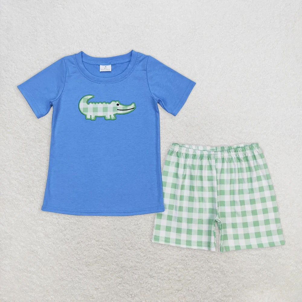 

Летний комплект одежды для маленьких мальчиков, рубашка с крокодиловым принтом и зеленые клетчатые шорты, комплект одежды для детей