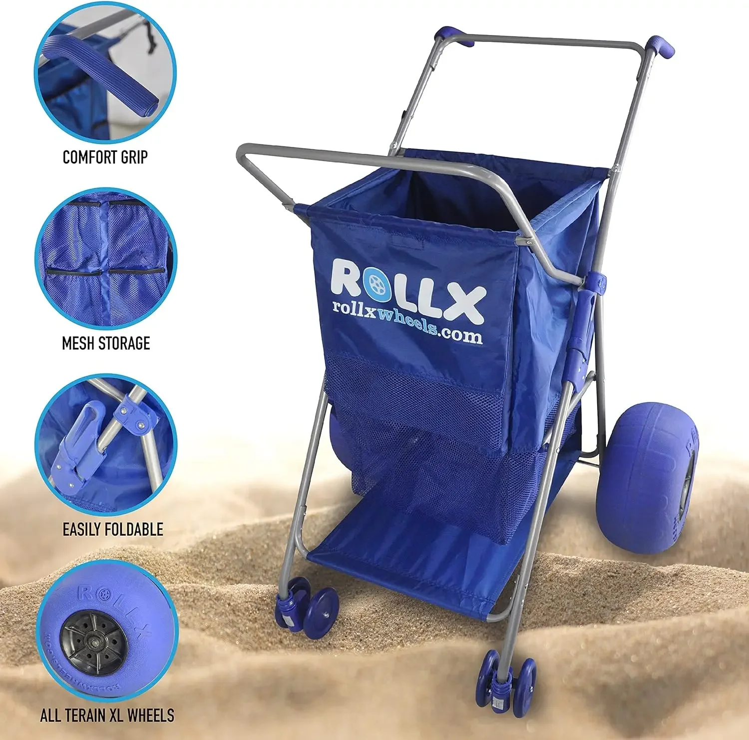 RollX Big Balloon Wheel Beach Cart for Sand, Foldable Storage Wagon with Big 13 Inch Beach Tires (Pump Included) (Blue)