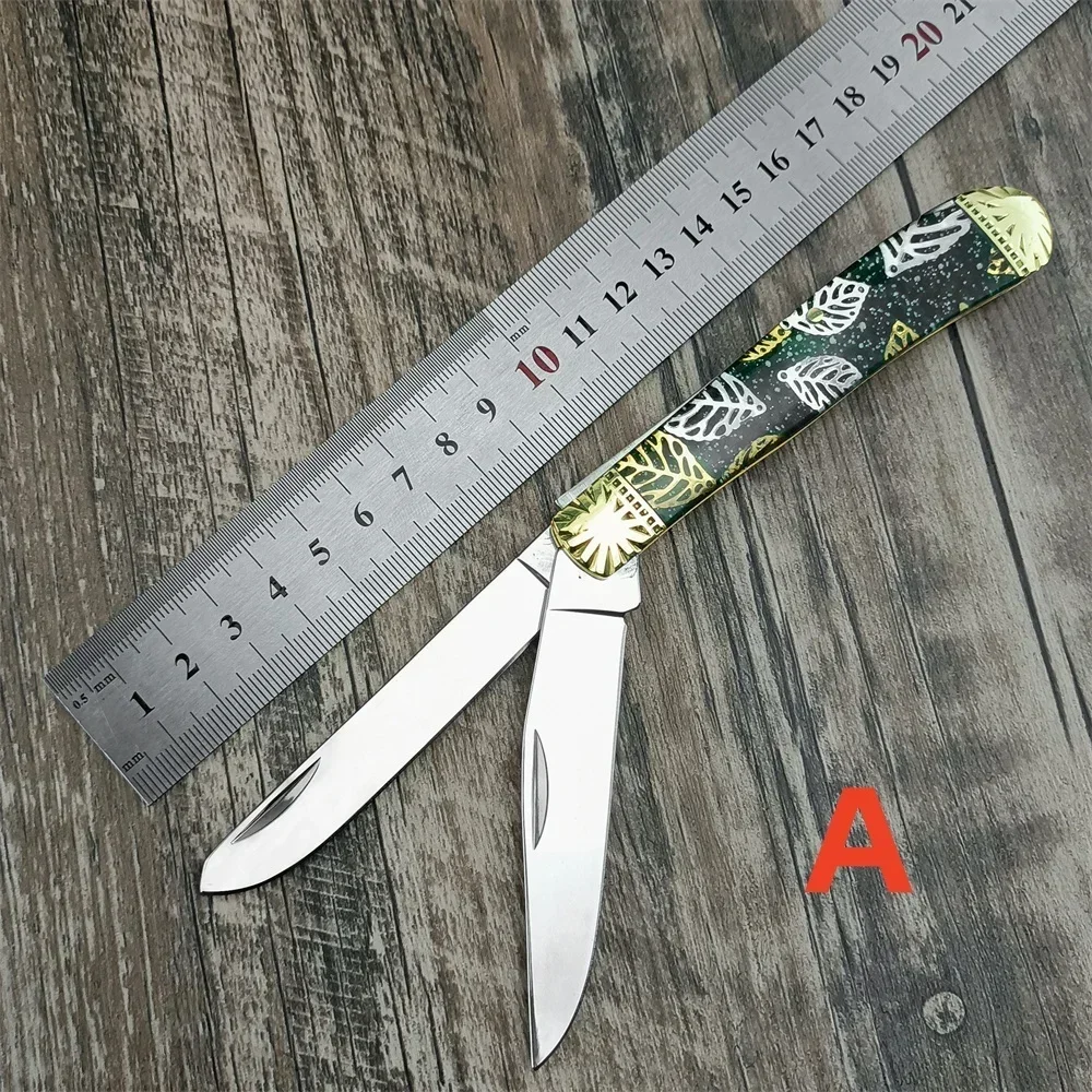 NEW Pocket Trapper XK-411 EDC Folding Knife 440C Two Blades Brass+resin Handle Utility Outdoor Knives Camping Fruit Multi Tool