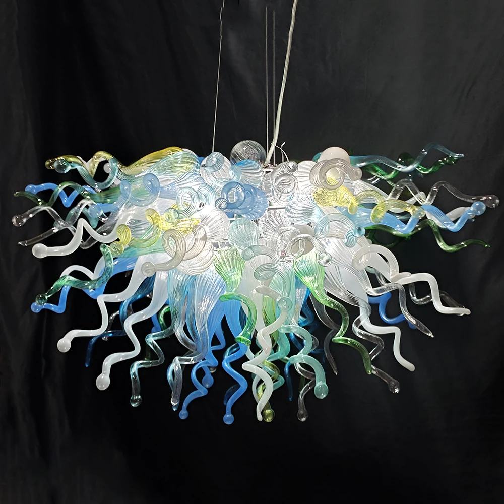 

LONGREE Art Glass Chandelier Hand Blown Glass Multicolor Aqua Blue Greenish Light Fixture Dining Room