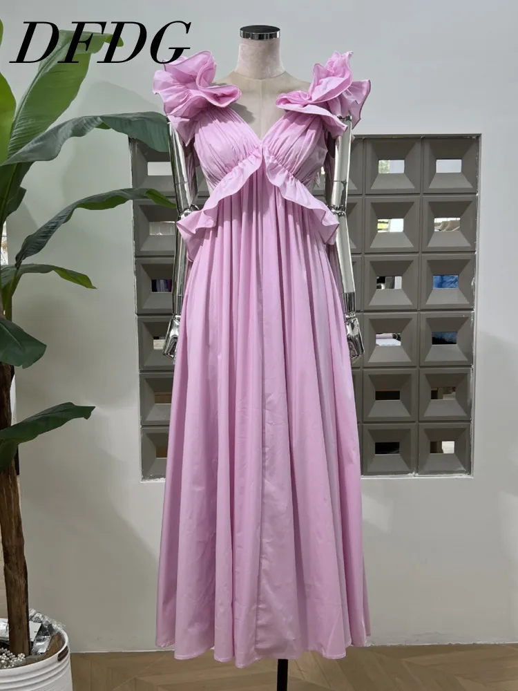 

DFDG Women’s 2025 Spring Summer Elegant Ruffled Hem Tie-Back Open Back Dress Bohemian Beach Resort Designer Sleeveless Dress