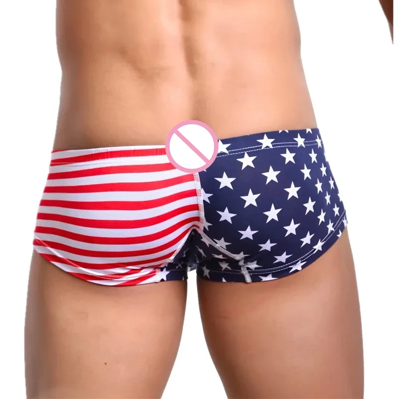 USA Flag Striped Printed Underpants Men Boxer Shorts Trunks Low Rise Breathable Underwear Convex Pouch Briefs Sexy Comfy Panties