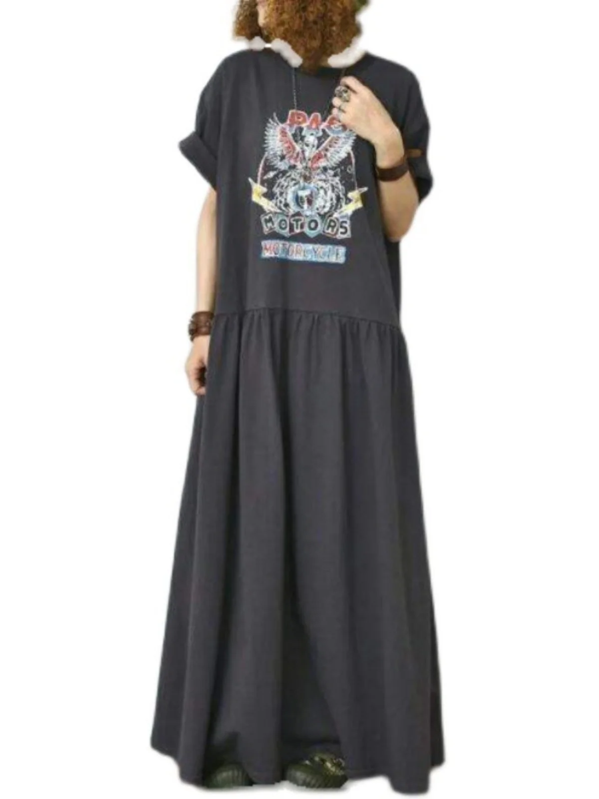 Coréen Sle ample grande taille doux rond Ne ort Sve t-shirt Dr genou longueur imprimé avant et Ba jupe a-ligne Dr