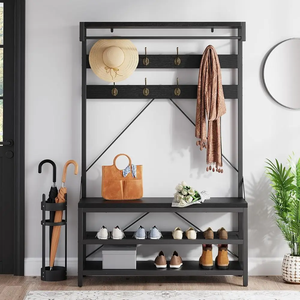 

Hall Tree with Storage Bench 72" Coat Rack Shoe Bench 4-in-1 Entryway Bench Industrial Storage Shelving Organizer with 8 Hanging