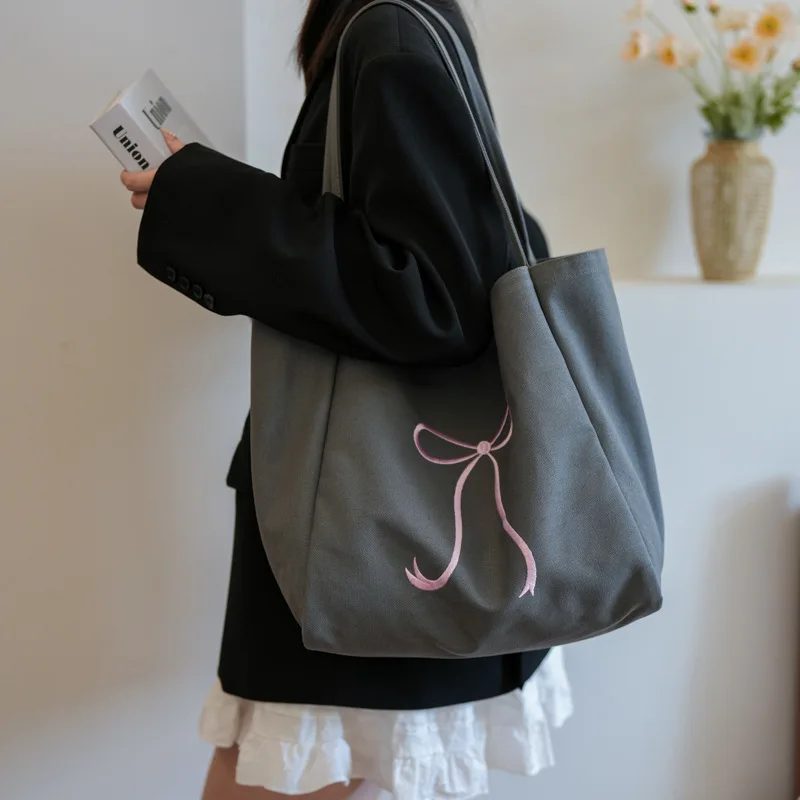 

Korean Large Bow Embroidery Tote Bag Canvas Shoulder Bag for Women Spacious Work School Shopping Bag Cute Commuter Handbag
