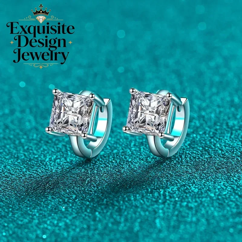 1ct/2ct D Color Princess Square Moissanite Ear Buckle Sparkling Platinum Pt950 Hoop Earring for Women Diamond Wedding Jewelry