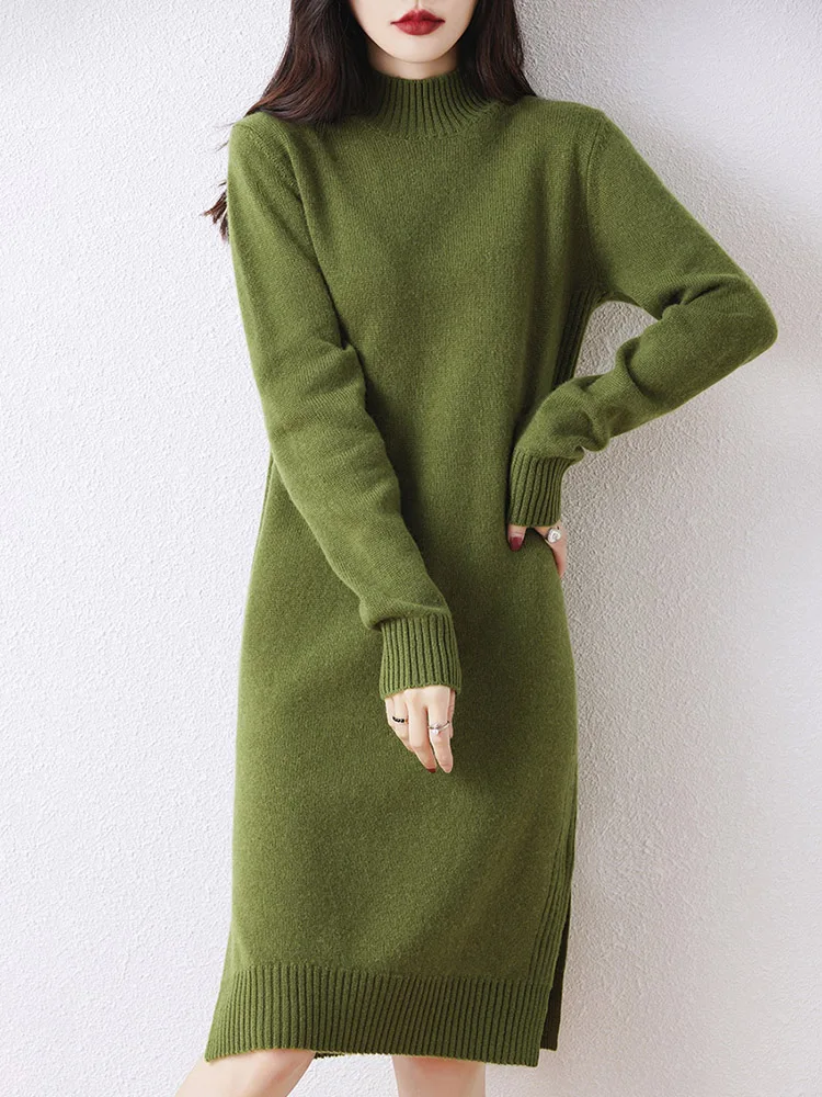 Women's Cashmere Dress Mock Neck Pullovers Sweater Autumn Winter 100% Merino Wool Knitwear Knee Length Thick Warm OL Dress