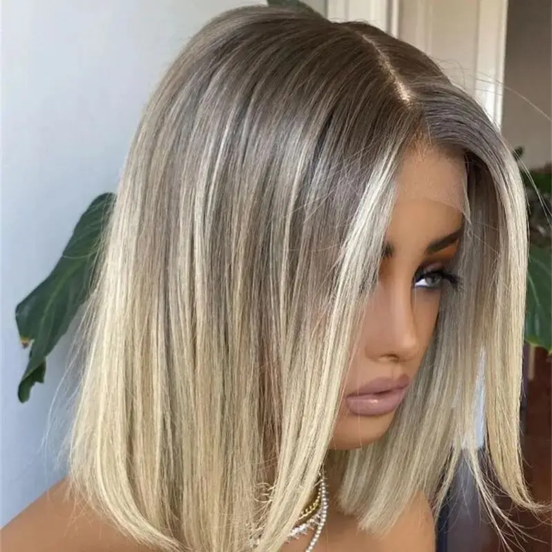 

Brown Highlighted 360 Lace Frontal Wig Natural Straight Short Bob Lace Wig