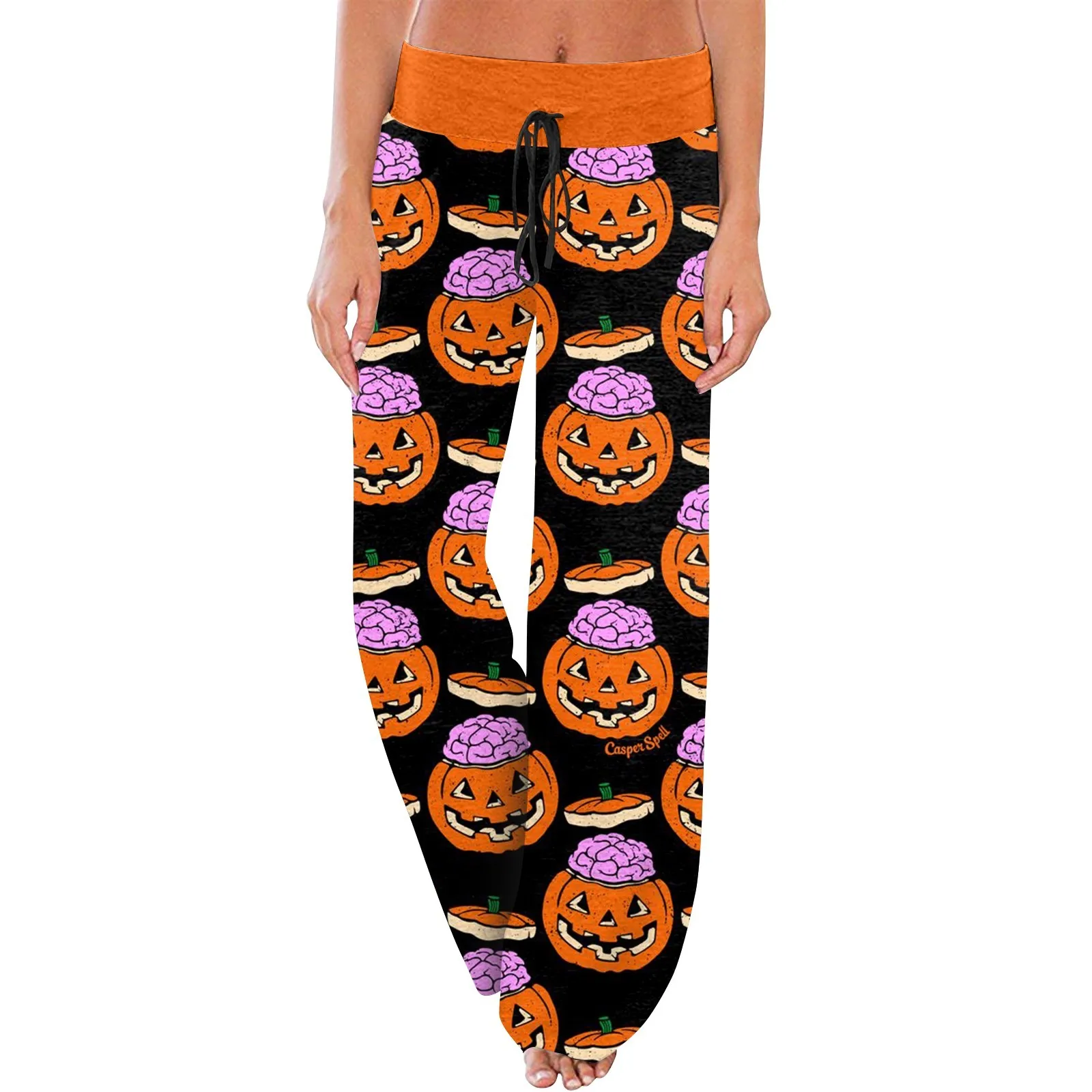 Women\'S Drawstring Elastic Waistband Wide Leg Halloween Traf Official Store Pants Printed Casual Pants женская одежда Ropa