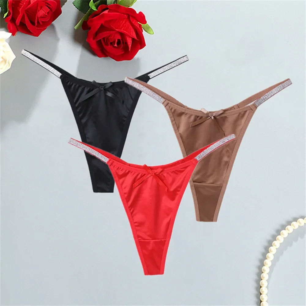 

Silver Thin Strap Woman Sexy Smooth Satin Thong Seamless Underwear Female T-back Panties String Bow Tangas Mujer