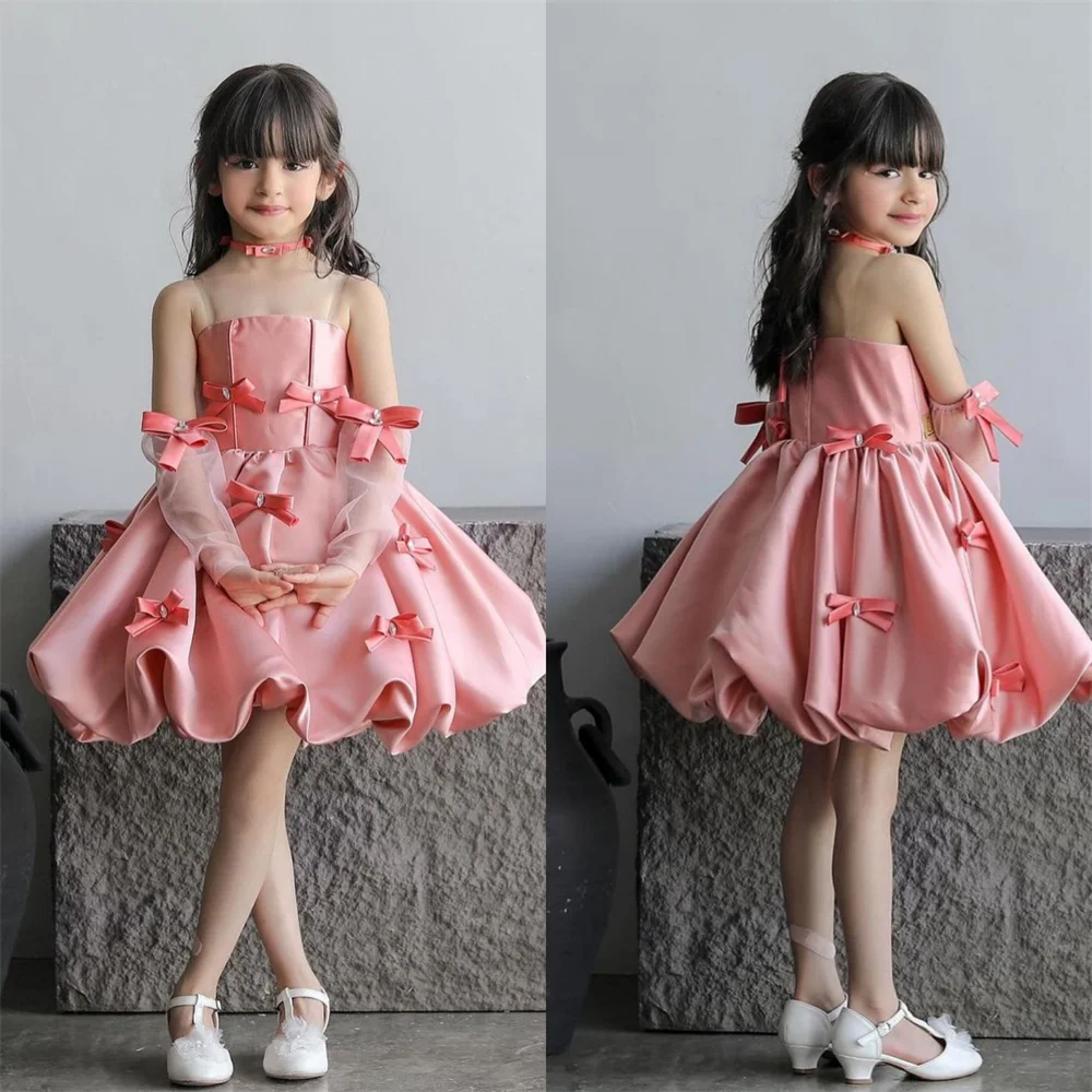 

Customized Flower Girl Dress Dearin Spaghetti Strap Ball Gown Knee Length Skirts Open Back Bows Draped Dresses