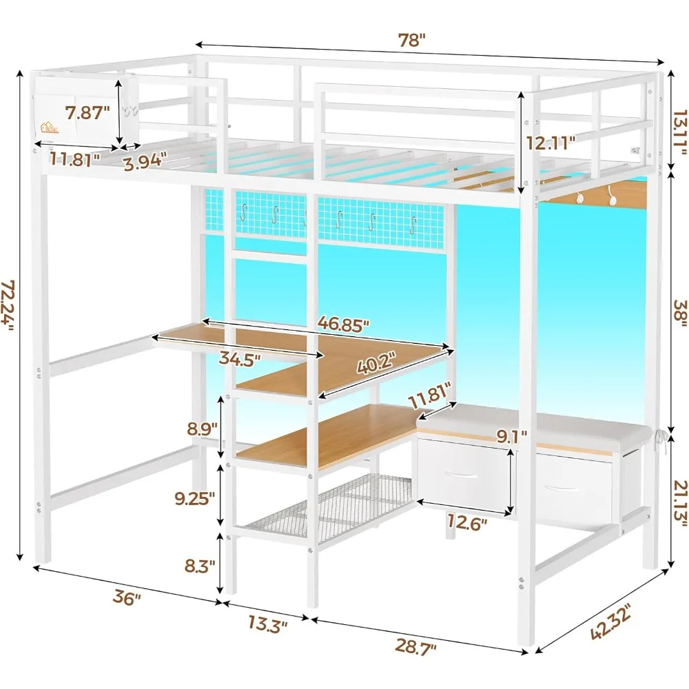 

Twin Loft Bed with L-Shaped Desk and Charging Station Twin Size Metal Bed Frame with LED Lights,Storage Shelves and Coat Rack