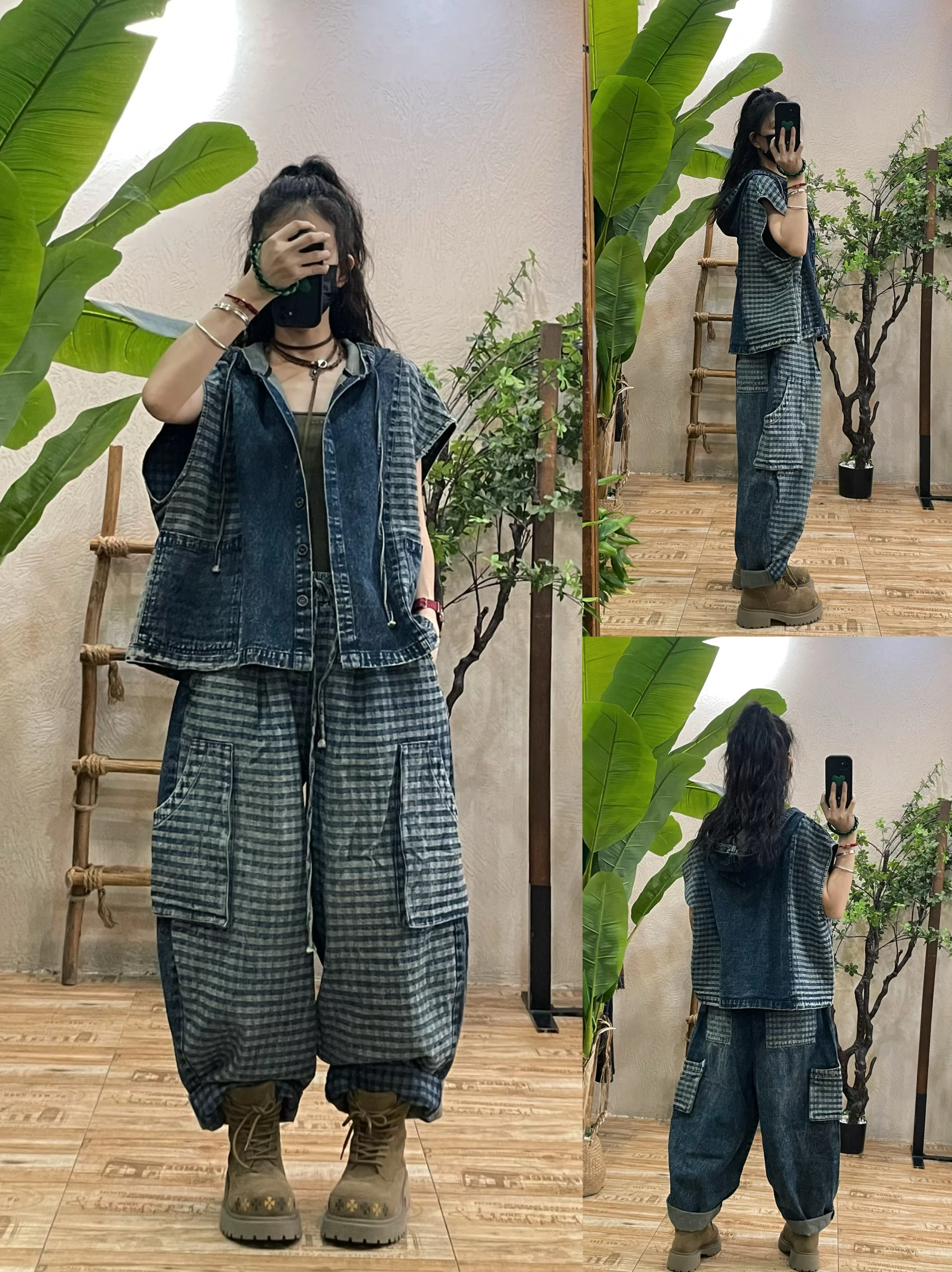 

Винтажный комплект джинсового жилета в стиле ретро, женская свободная повседневная художественная рабочая одежда, комплект из двух предметов, осенний новый комплект с высокой талией, длинный...