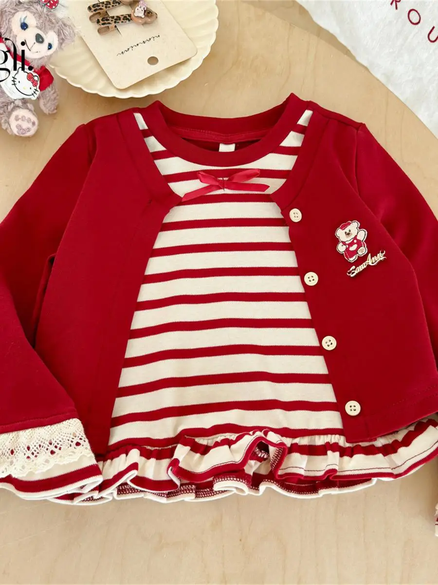 بلوزة بناتي بنمط مخطط للربيع والخريف، بلوزة قصيرة للأطفال، أكمام طويلة، ياقة عالية، مواد أخرى، جديد 100% لعام 2025