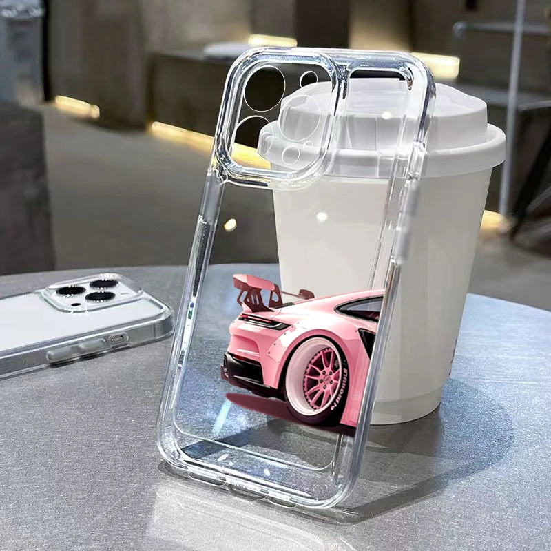 

Trendy Pink Luxury Car Transparent Phone Case For Samsung Galaxy A56 A55 A54 A53 A36 A16 S26 Ultra S25 FE S24 Plus S23 S22 Cover