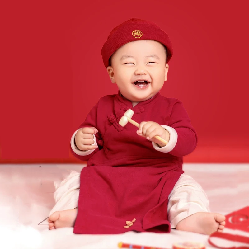 2024New Chinese Hanfu For Baby Kids Boys Chinese New Year Outfit Red Traditional Clothing Kung Fu Cotton Birthday Gift