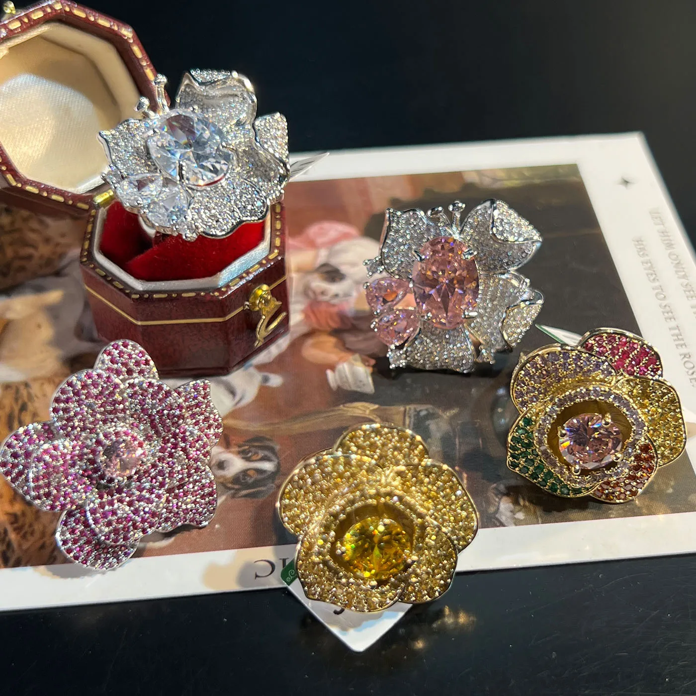 luxury cubic zirconia flower ring for women sparkling opulent jewelry yellow pink petals ring gala event party gift