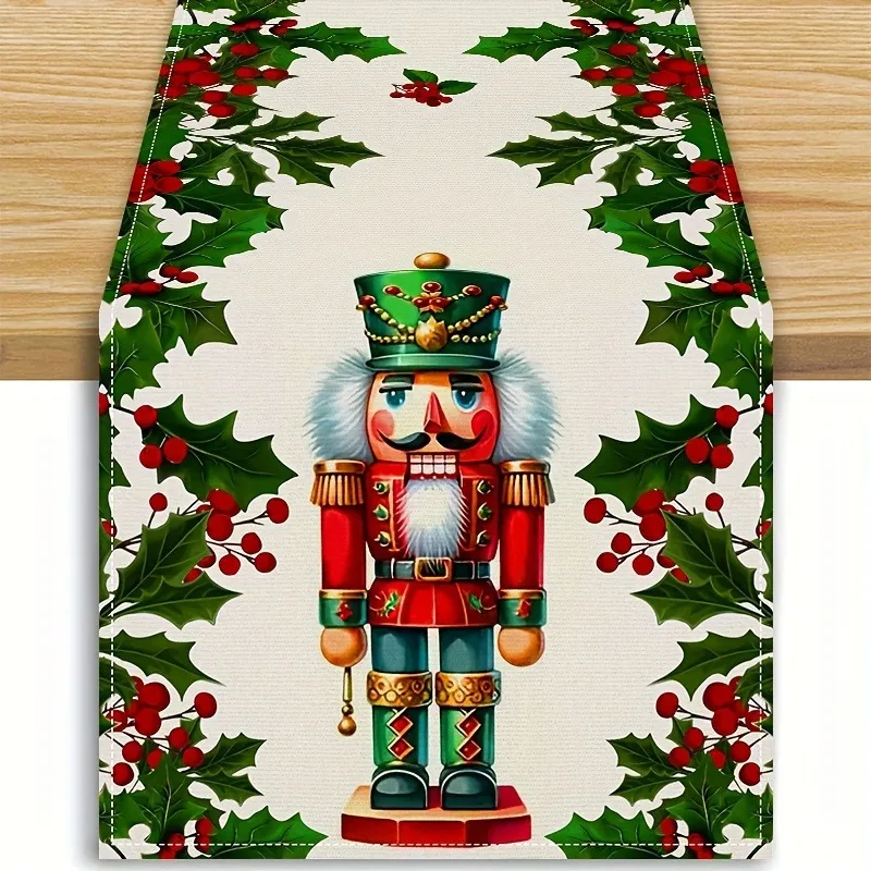 Festive Holly & Nutcracker Table Runner Christmas Party Decorations for Home Restaurant Dining Room Festive Table Decorations