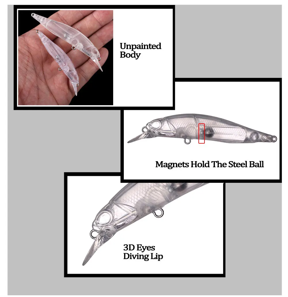Chan’sHuang 20PCS Unpainted Blank Bait 7.5cm/9cm Long Cast Minnow The Magnet Inside DIY Artificial Fishing Lures
