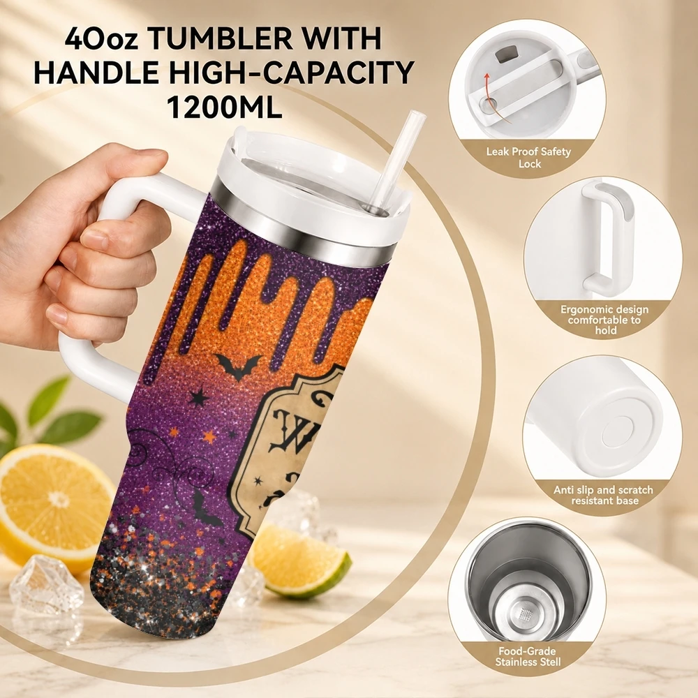 Witches Brew Design Vacuum Flasks 40oz Stainless Steel Travel Tumbler with Handle Straw Lid Double Wall Vacuum Insulated