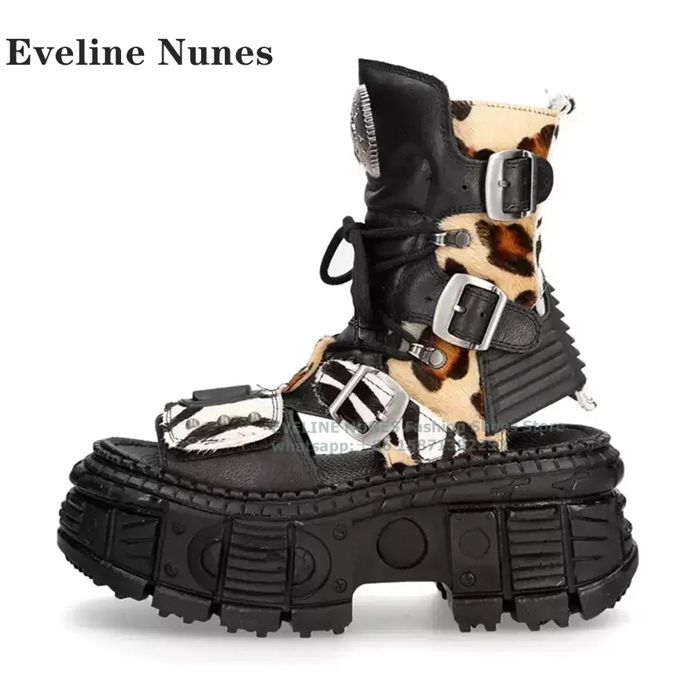 Leopard Platform Belt Buckle Gladiator 2024 Open Toe Height Increasing Cross Tied Hollow Out Patchwork Punk Retro Couple Sandals