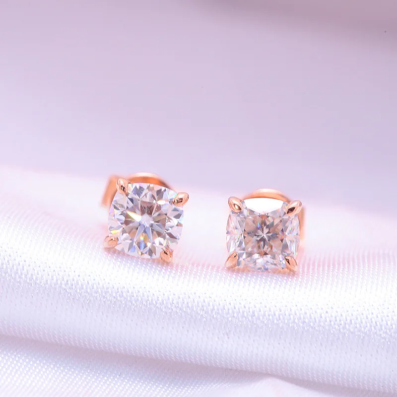 14k Rose Gold D Color 3MM Cushion Moissanite Stud Earrings Screwback 4 Prong For Women Pass Tester with Gra Fine Jewelry