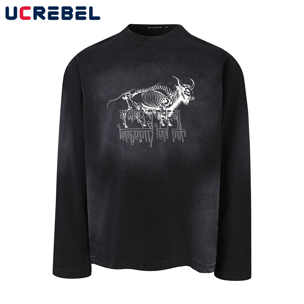 

Skeleton Print Long Sleeve T-shirt Mens Autumn High Street Distressed Loose Crew Neck Tee Man Tshirt