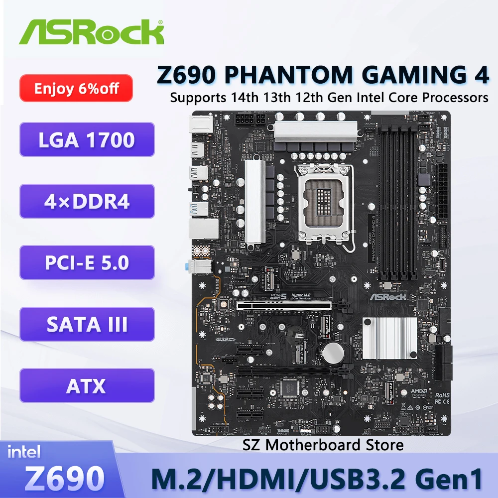 

ASROCK Z690 PHANTOM GAMING 4 Z690 LGA 1700 Motherboard For i9-13900K i7-13700K i5-13600K CPU DDR4 M.2 PCI-E 5.0 ATX Mainboard