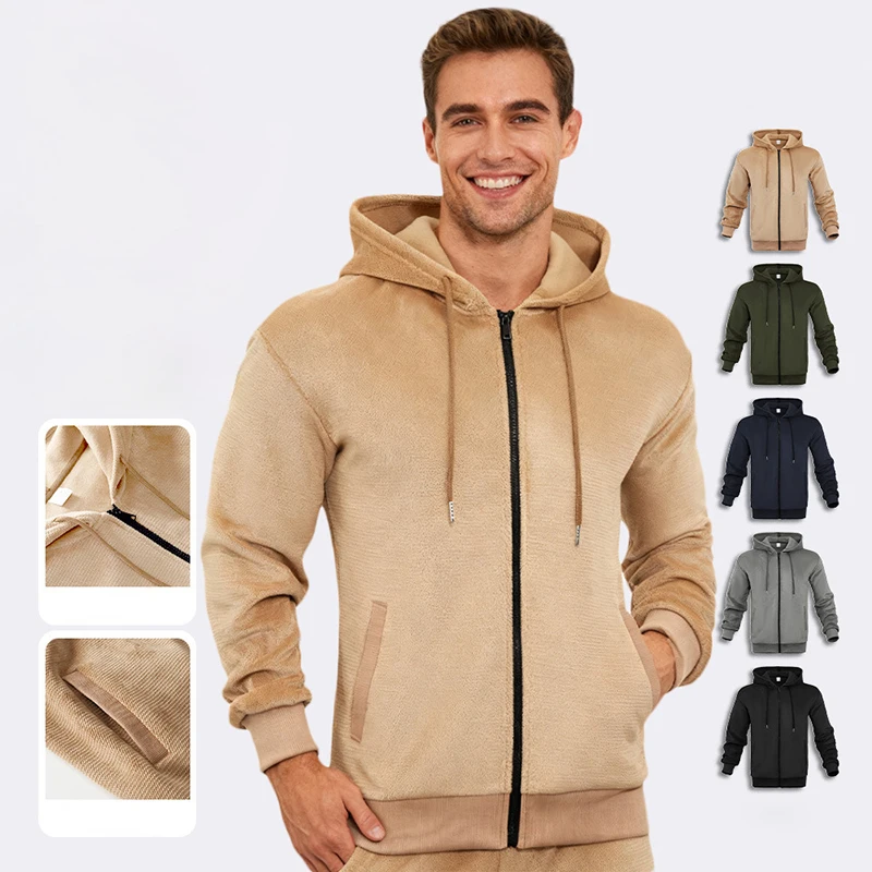 

Autumn Winter Men's Comfortable Plush Zip Up Jacket Pocket Solid Color Hooded Sweatshirts American Streetwear Cardigan Coats Man
