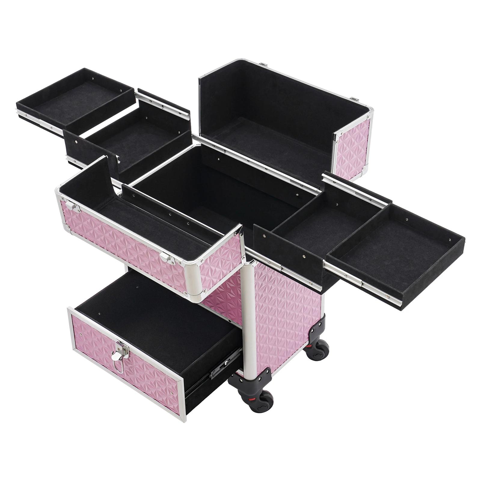 Makeup Trolley Pink Makeup Train Case With 7 Compartments Drawer Durable Aluminum Frame ABS Large Cosmetic Storage Box