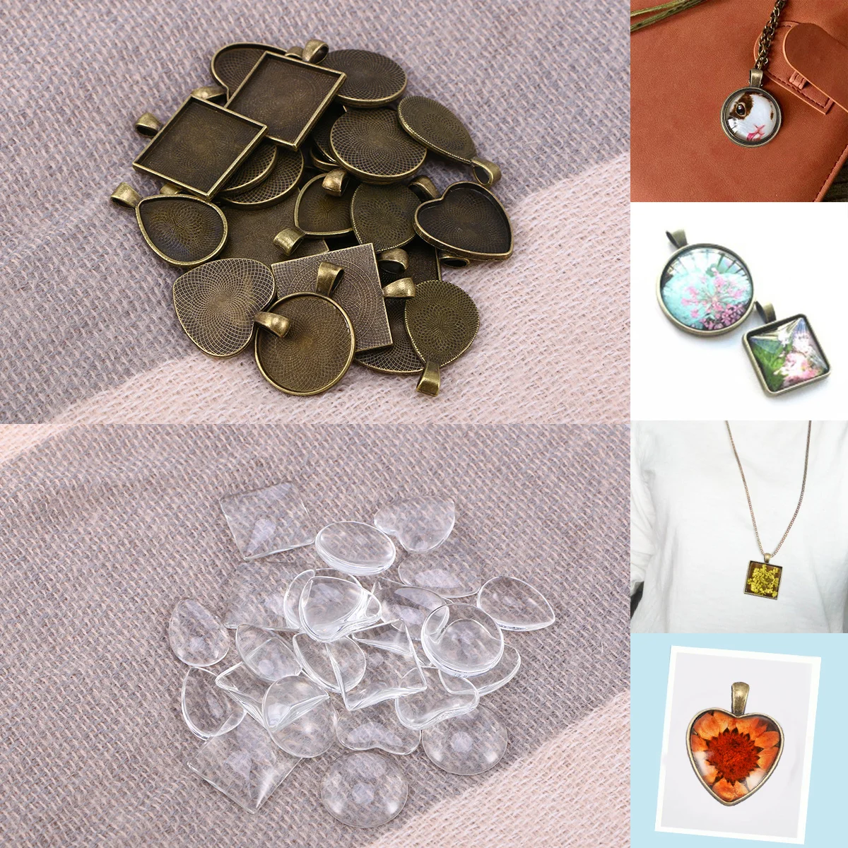 

24Sets Jewelry Gemstone Tray Metal Alloy Pendant Base Oval Round Heart Square Glass Dome Tiles for DIY Craft Salver Saucer