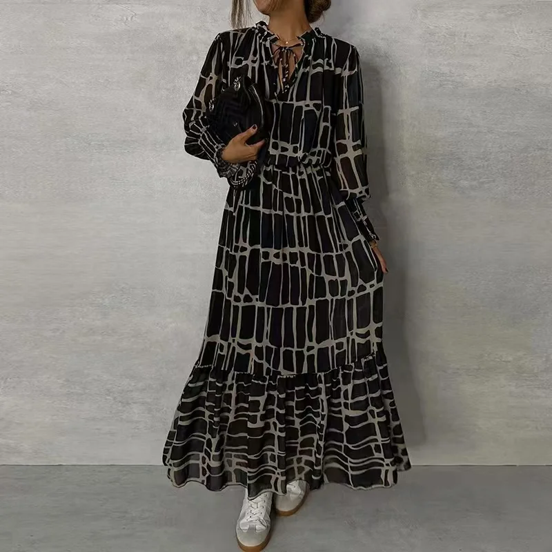 Elegant V Neck Pleated Printing Dress for Women Wedding Up Long Office Lady Outfit 2024 Spring Summer A-Line Boho Maxi Dresses
