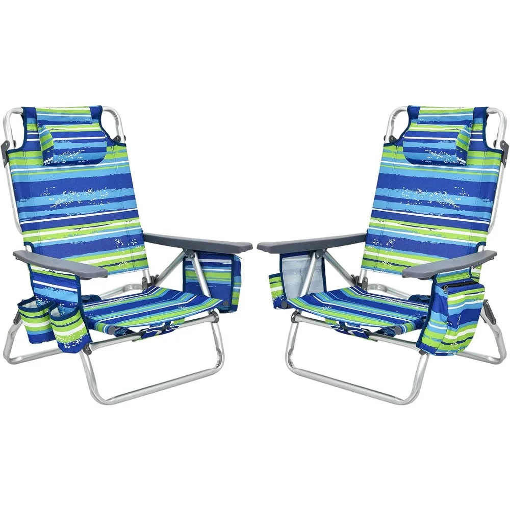 Beach Chair 2-Pack Sling Camping  Sunbathing Chairs with 5 Adjustable Position, Head Pillow, Storage Bag, Towel Bar, Cup Holders