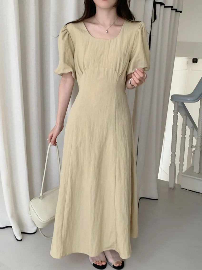 

Новое летнее винтажное простое плиссированное длинное платье с застежкой на талии, женское длинное платье с U-образным вырезом и пузырьками Dr Ele Commute Sle