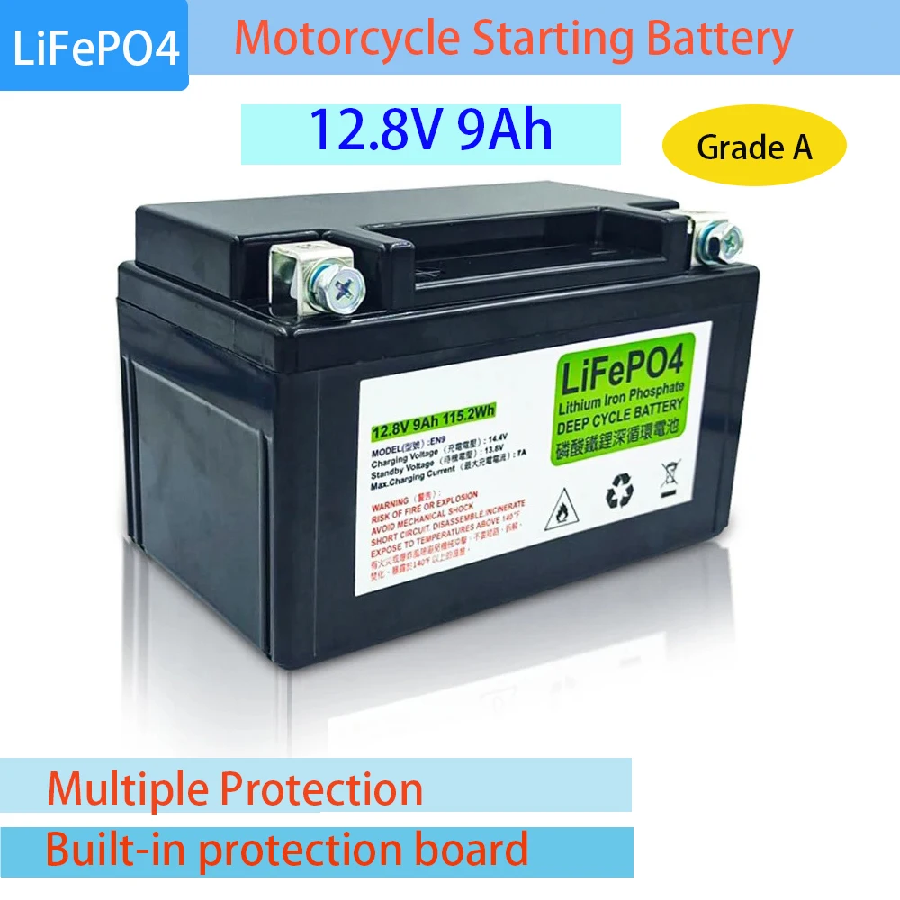 

12.8V 9Ah LiFePO4 Motorcycle Battery CCA 300A Motorcycle Motor Starter Battery BMS 12V Lithium Phosphate Scooter Engine Battery