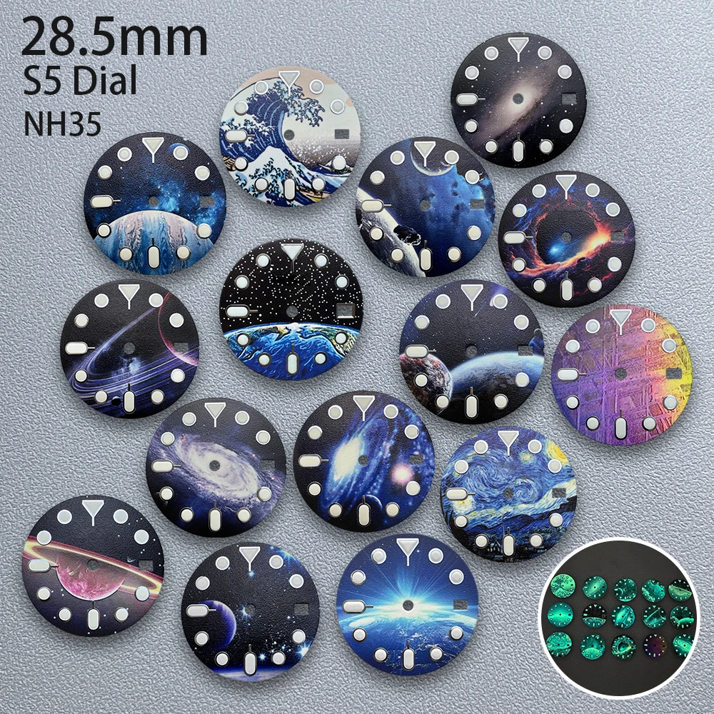 

28.5mm S5 Logo SKX007 Starlit Sky Dial Fit NH35/NH36 Movement C3 Strong Green Luminous High-Quality Watch Modified Accessories