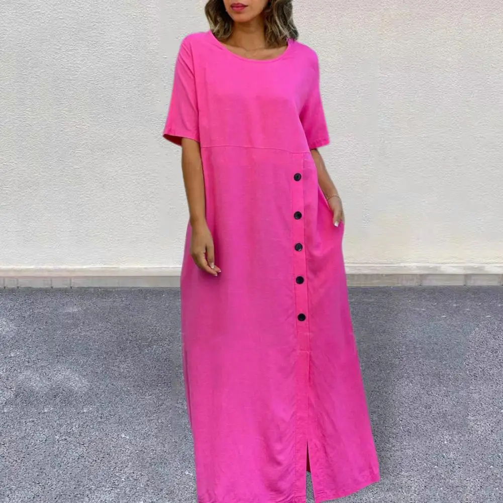 

Women Solid Color Dress Elegant Button Decor Maxi Dress for Women Soft Breathable Ankle Length Summer Dress with for Commute