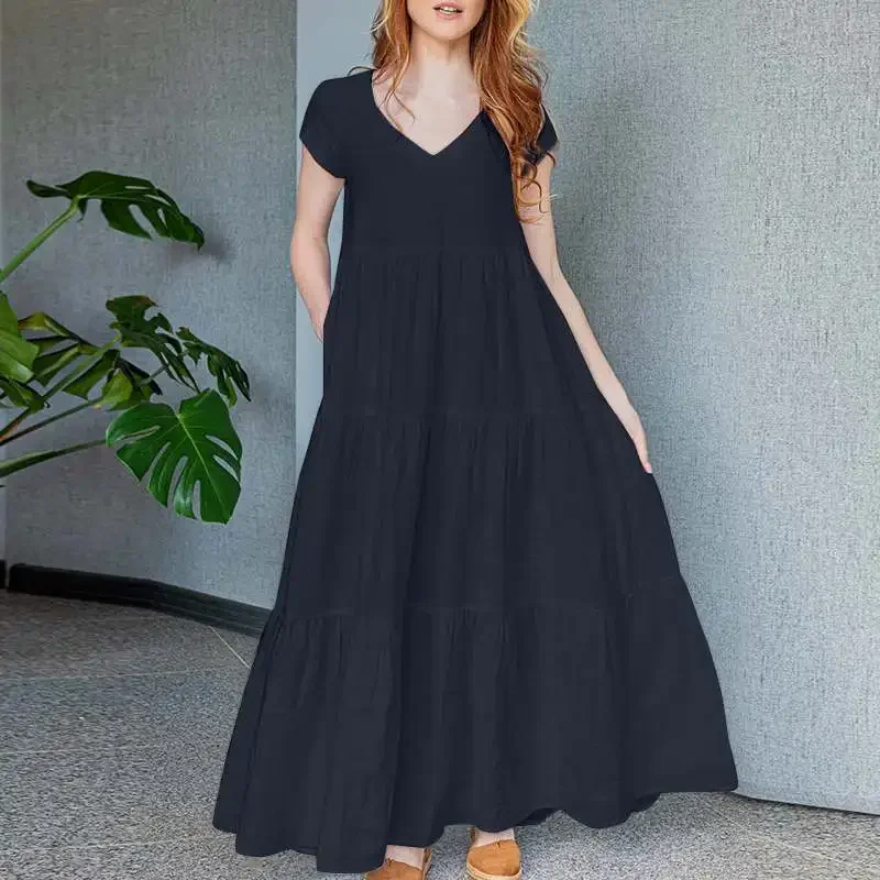 

2024 Woman Elegant Pleated Dress Solid Color Short Sleeve V-Neck Dresses Fashion Party Long Casual Beach VestidO