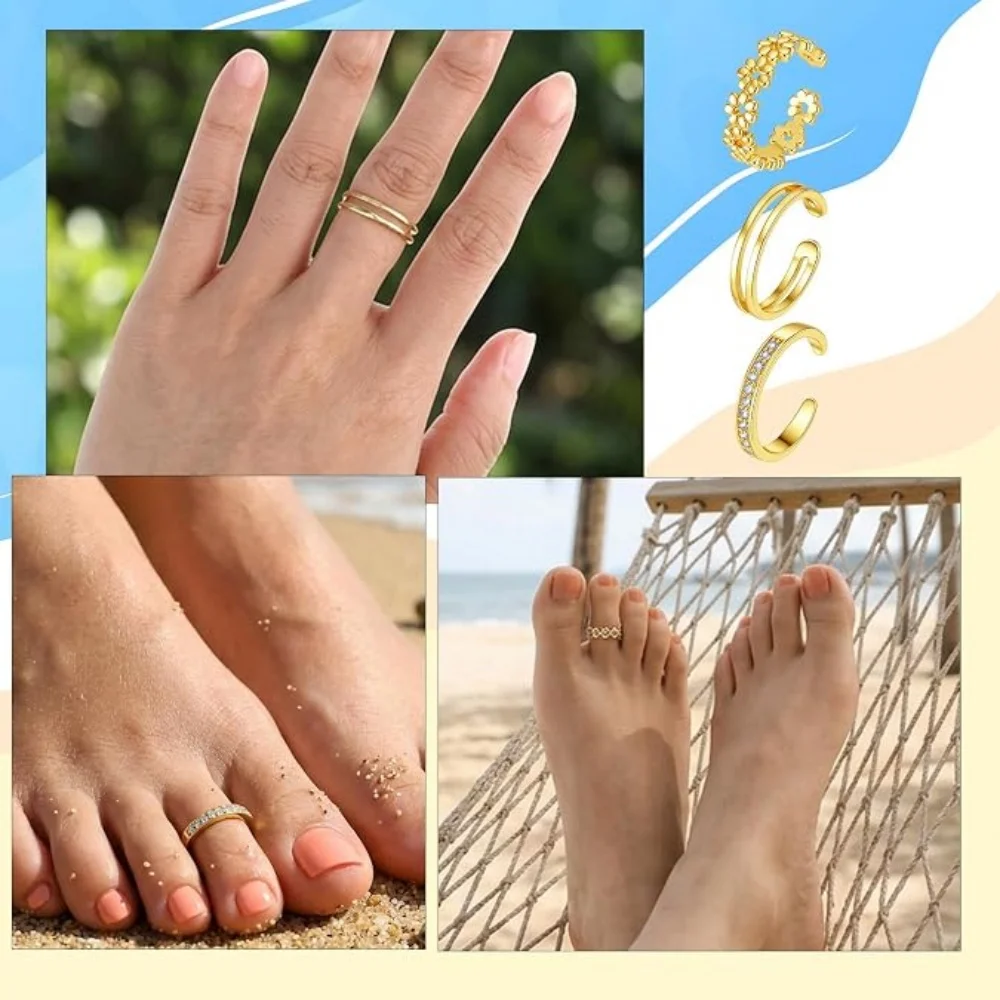 3Pcs Gold Open Adjustable Ring Set for Women Double Band Floral Stackable Finger Rings Inlaid CZ Dainty Minimalist Daily Jewelry view 5