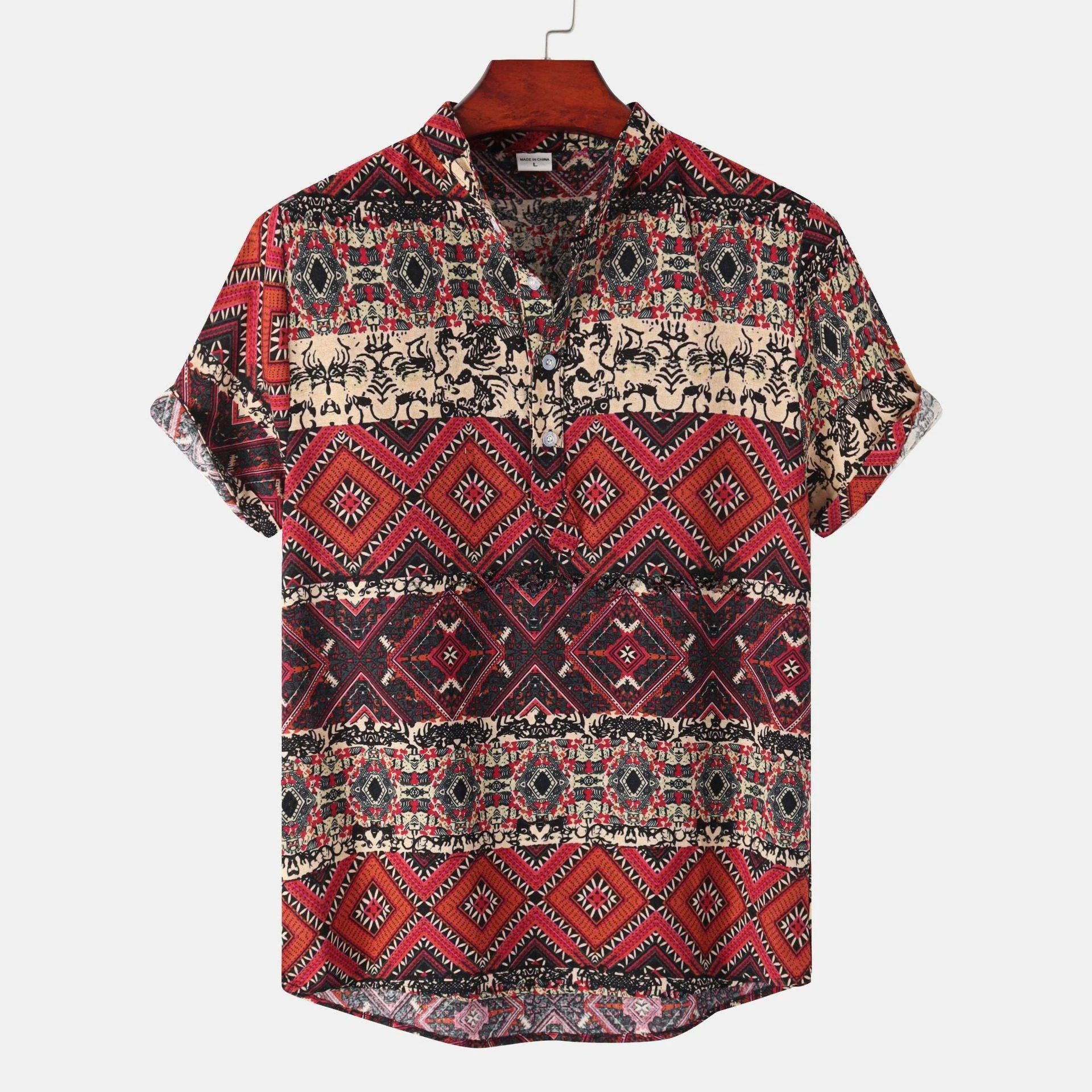

Men's Stand Collar Printed Short Sleeve Shirt Neck Design Regular Thickness Special Wide Fit Autumn Season Fashion