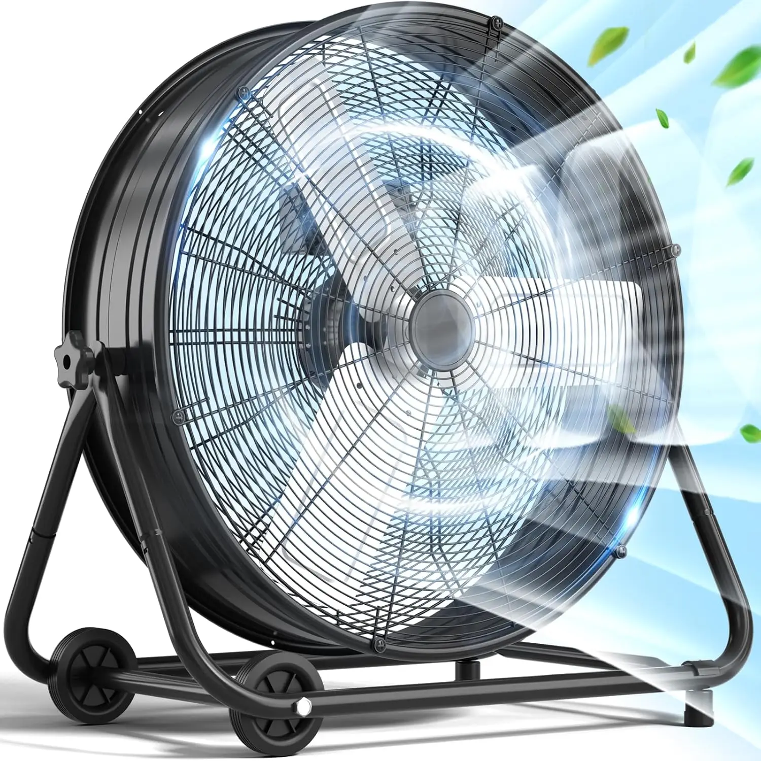 

24 Inch Heavy Duty Industrial Floor Fan, 3 Speed High Velocity Air Circulator with 360° Tilt and Wheels for Warehouse Use